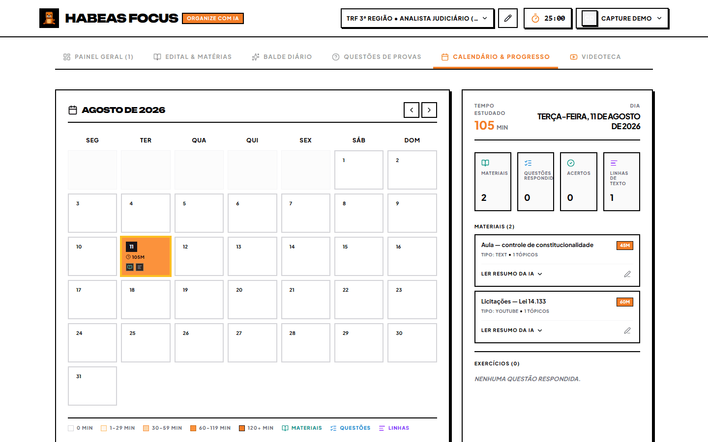 Calendário de intensidade de estudo