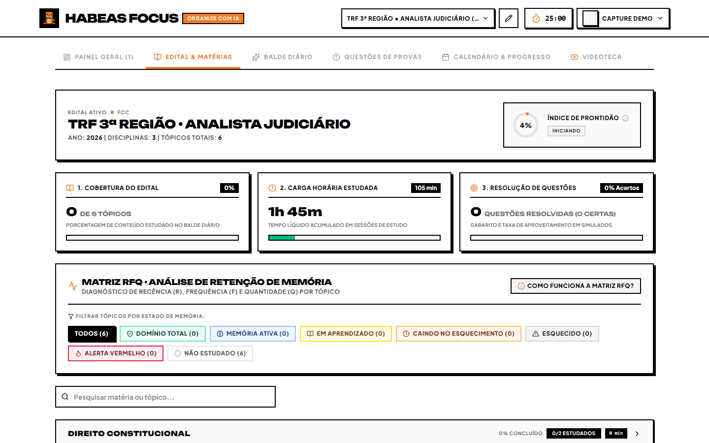 Tela do edital com árvore de matérias e cargos